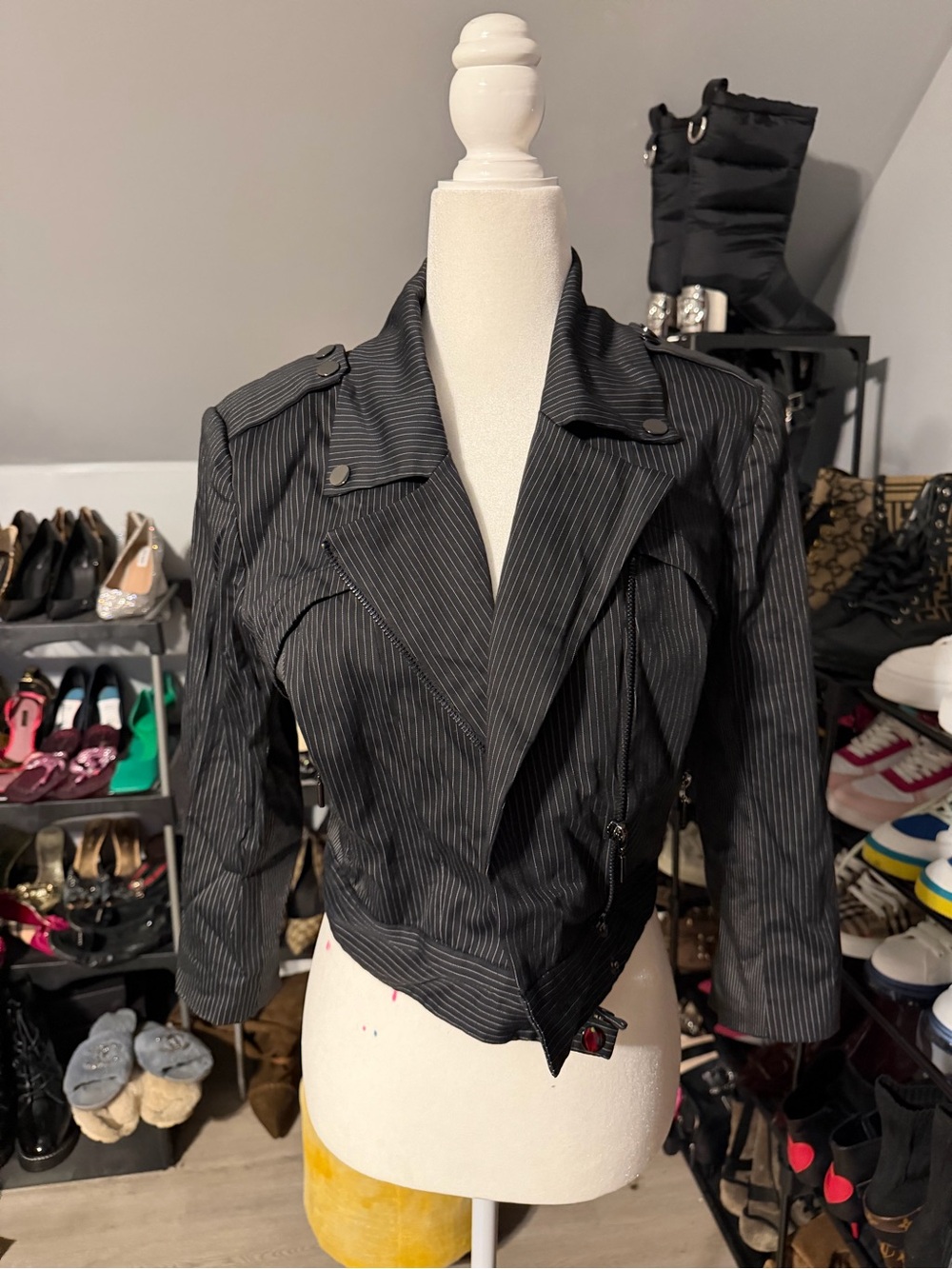 bebe Black Pinstripe Moto-Style Jacket